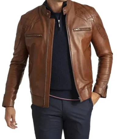 Brown Cafe Racer Leather Jacket For Men Front
