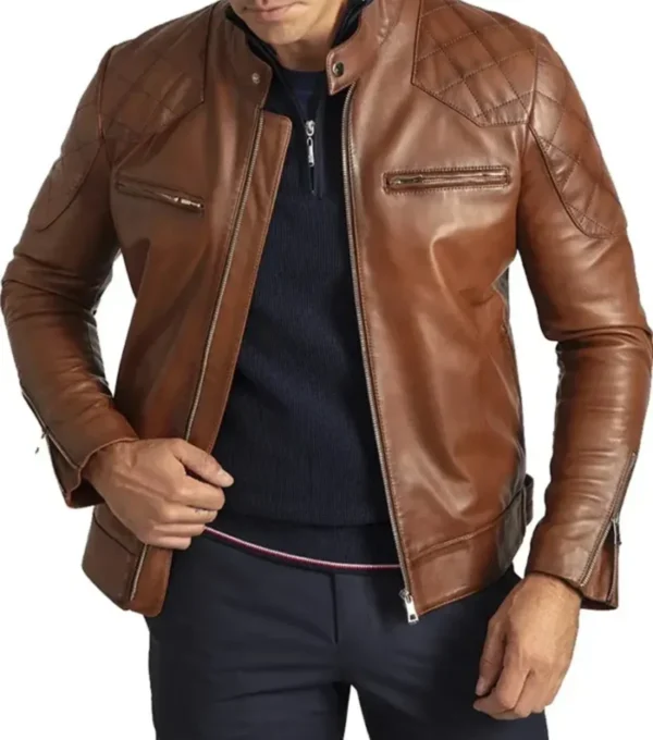 Brown Cafe Racer Leather Jacket For Men Front Look