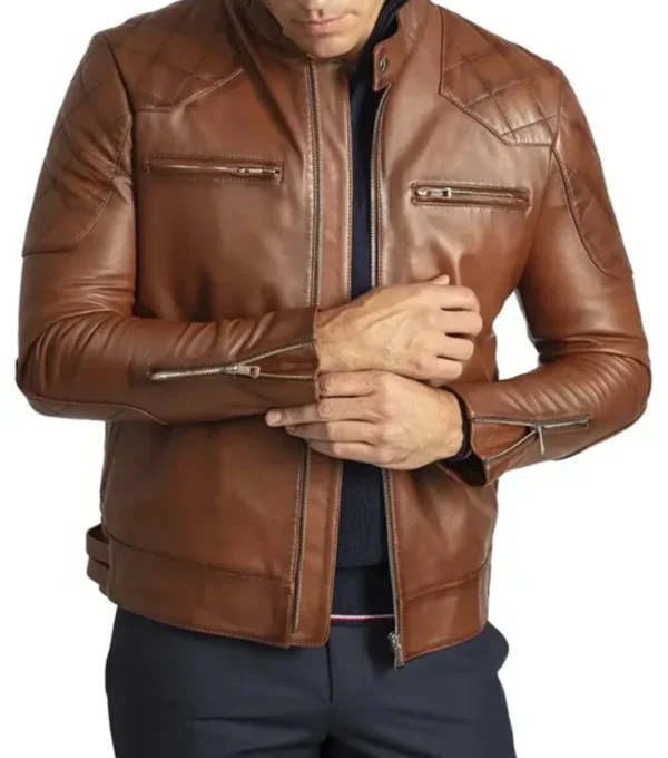 Brown Cafe Racer Leather Jacket For Men on Sale