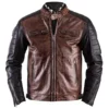 Brown Cafe Racer Leather Jacket with Black Sleeves