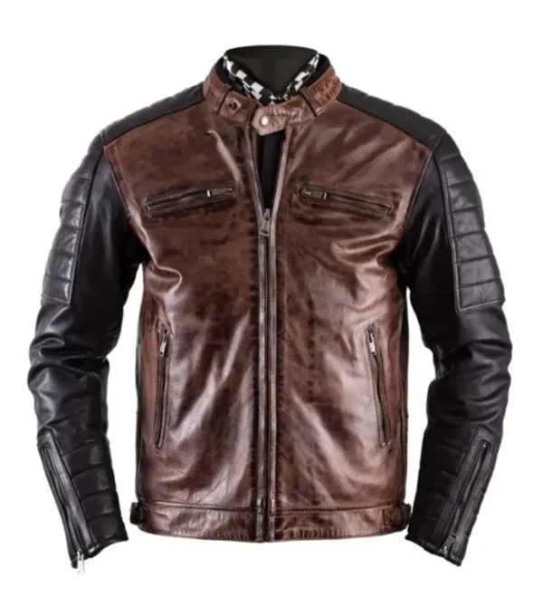 Brown Cafe Racer Leather Jacket with Black Sleeves