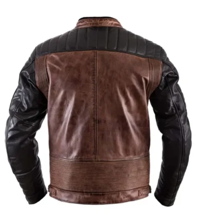 Brown Cafe Racer Leather Jacket with Black Sleeves Back