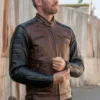 Brown Cafe Racer Leather Jacket with Black Sleeves Front