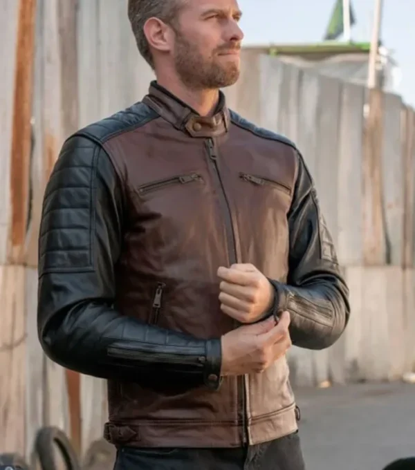 Brown Cafe Racer Leather Jacket with Black Sleeves Front