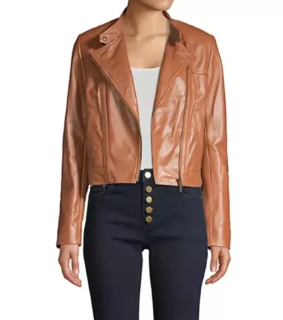 Brown Cropped Biker Leather Jacket Front