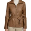 Brown Leather Belted Zip-Up Jacket