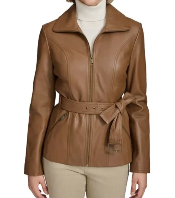 Brown Leather Belted Zip-Up Jacket
