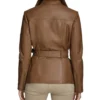 Brown Leather Belted Zip-Up Jacket Back