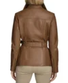 Brown Leather Belted Zip-Up Jacket Back