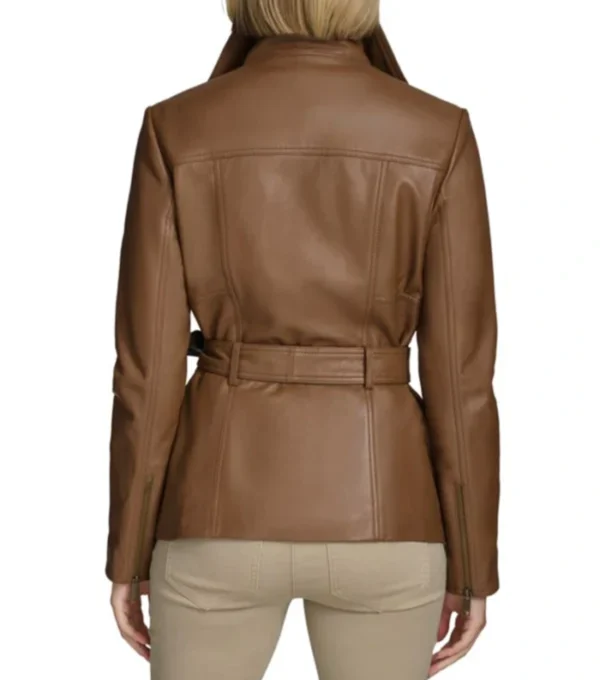 Brown Leather Belted Zip-Up Jacket Back