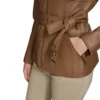Brown Leather Belted Zip-Up Jacket Closer