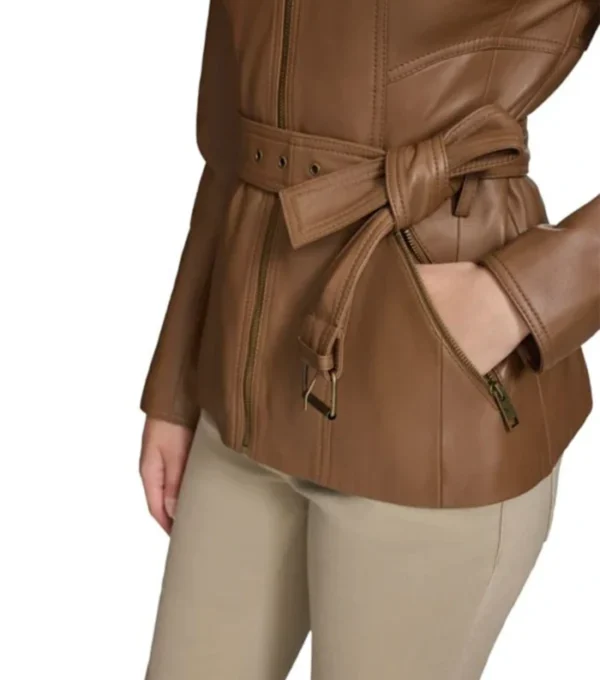 Brown Leather Belted Zip-Up Jacket Closer