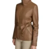 Brown Leather Belted Zip-Up Jacket Side Look