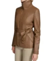 Brown Leather Belted Zip-Up Jacket Side Look