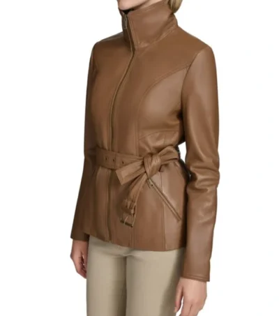 Brown Leather Belted Zip-Up Jacket Side Look