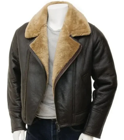 Brown Leather Zipper Jacket With Shearling Lining
