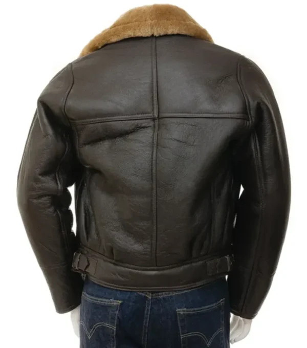 Brown Leather Zipper Jacket With Shearling Lining Back