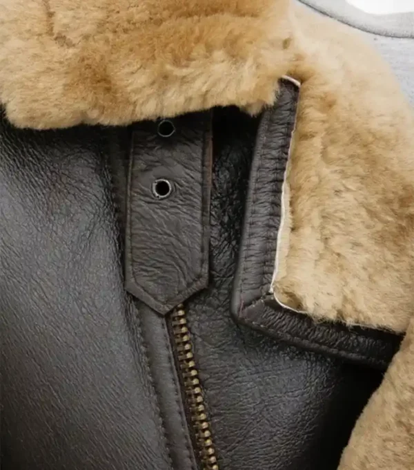 Brown Leather Zipper Jacket With Shearling Lining Closer