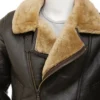 Brown Leather Zipper Jacket With Shearling Lining Collar