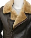 Brown Leather Zipper Jacket With Shearling Lining Collar