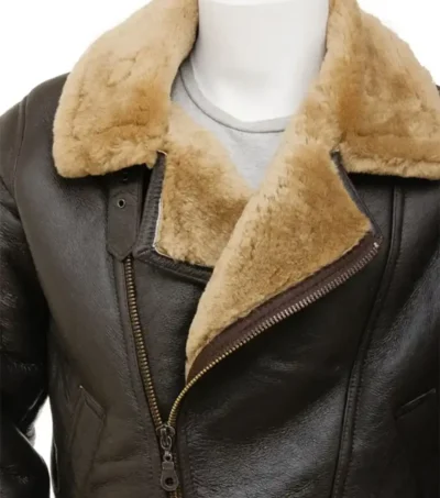 Brown Leather Zipper Jacket With Shearling Lining Collar
