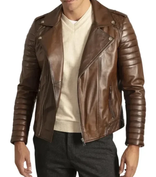 Brown Quilted Shoulder Motorcycle Jacket