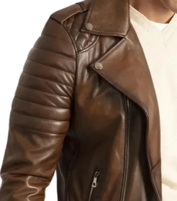 Brown Quilted Shoulder Motorcycle Jacket Closer