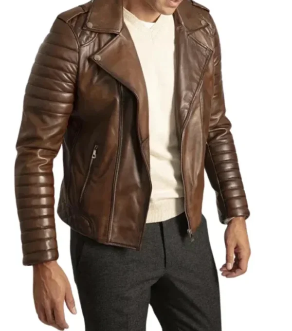 Brown Quilted Shoulder Motorcycle Jacket on Sale