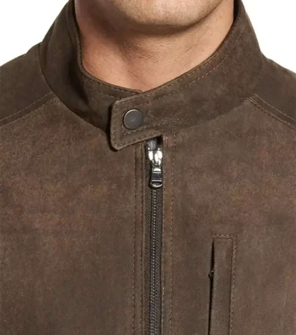 Brown Suede Cafe Racer Leather Jacket Front