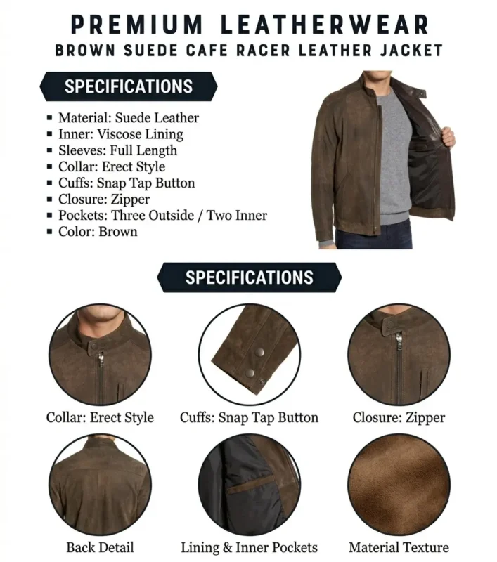 Brown Suede Cafe Racer Leather Jacket info graphic
