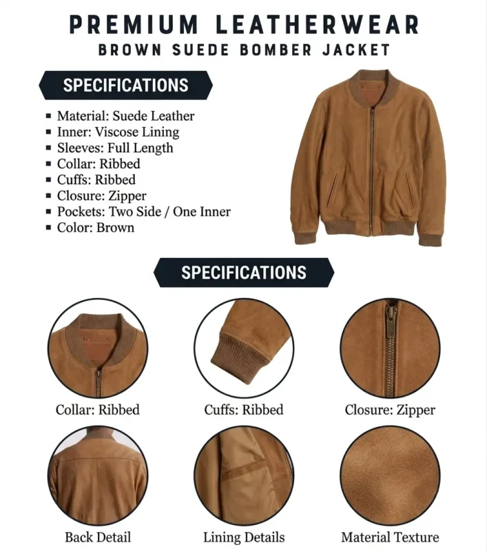 Brown Suede Leather Jacket info graphic