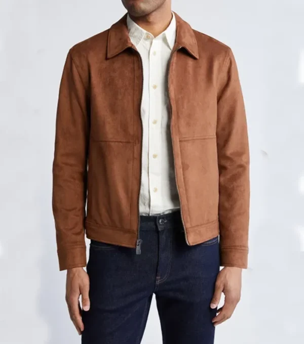 Brown Suede Leather Jacket with Classic Collar - Image 2