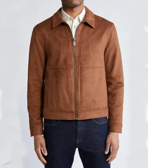 Brown Suede Leather Jacket with Classic Collar Front