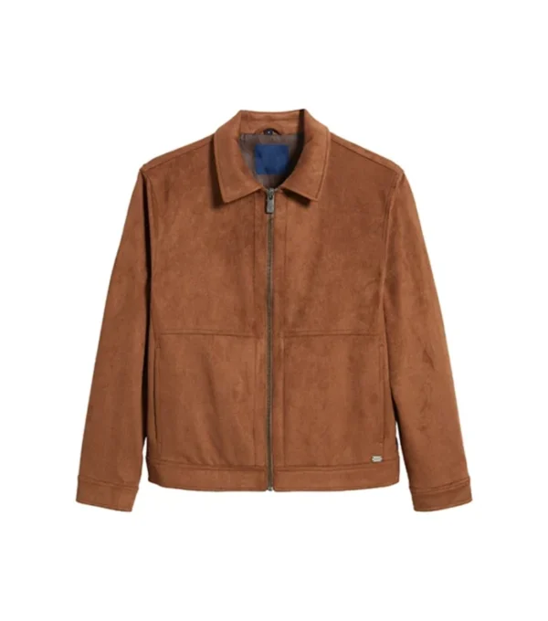 Brown Suede Leather Jacket with Classic Collar Front Look
