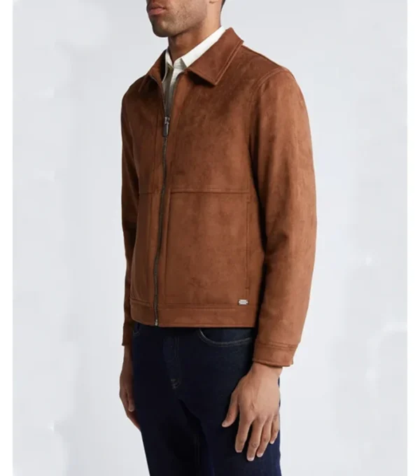 Brown Suede Leather Jacket with Classic Collar Side Look