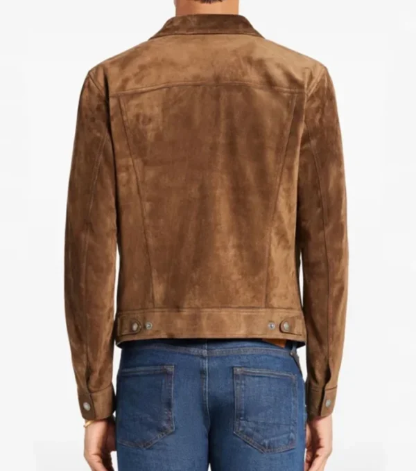 Brown Suede Trucker Leather Jacket Back