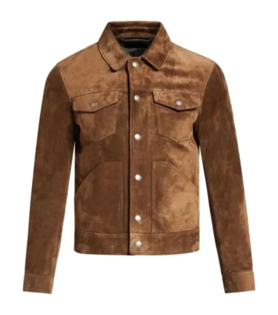 Brown Suede Trucker Leather Jacket Front