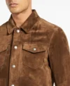 Brown Suede Trucker Leather Jacket Front Look