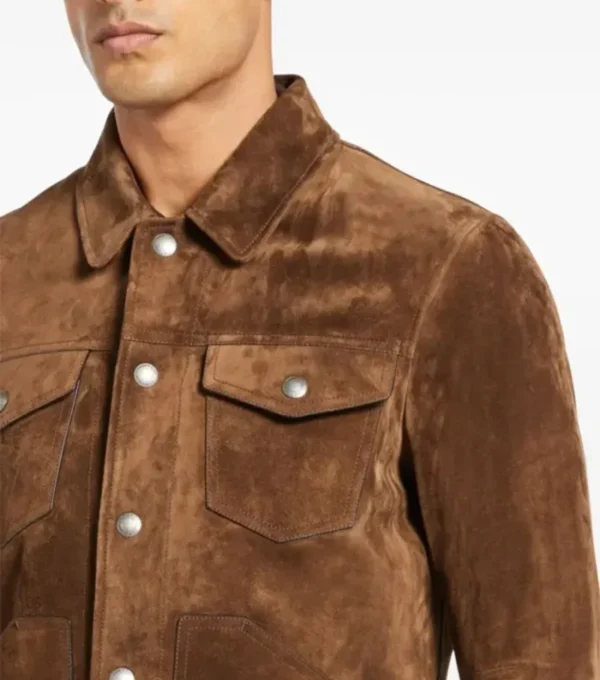 Brown Suede Trucker Leather Jacket Front Look