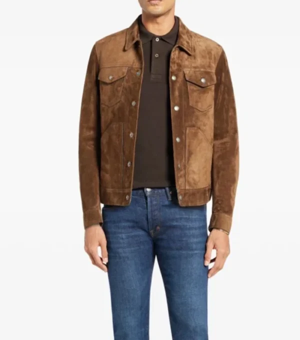 Brown Suede Trucker Leather Jacket on Sale