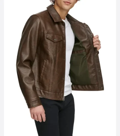Brown Trucker Jacket for Men in Genuine Leather Closer