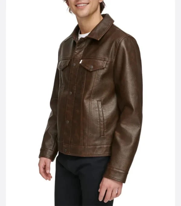 Brown Trucker Jacket for Men in Genuine Leather Side Look