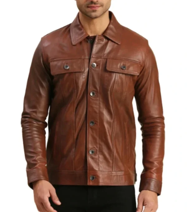 Brown Trucker Leather Jacket for Men