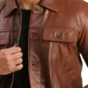 Brown Trucker Leather Jacket for Men Closer