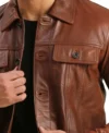 Brown Trucker Leather Jacket for Men Closer