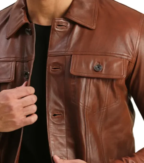 Brown Trucker Leather Jacket for Men Closer