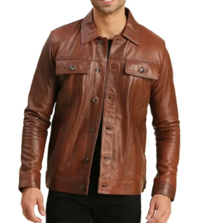 Brown Trucker Leather Jacket for Men Front