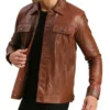 Brown Trucker Leather Jacket for Men Side Look