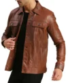 Brown Trucker Leather Jacket for Men Side Look