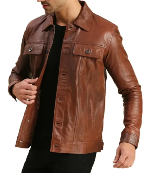Brown Trucker Leather Jacket for Men Side Look